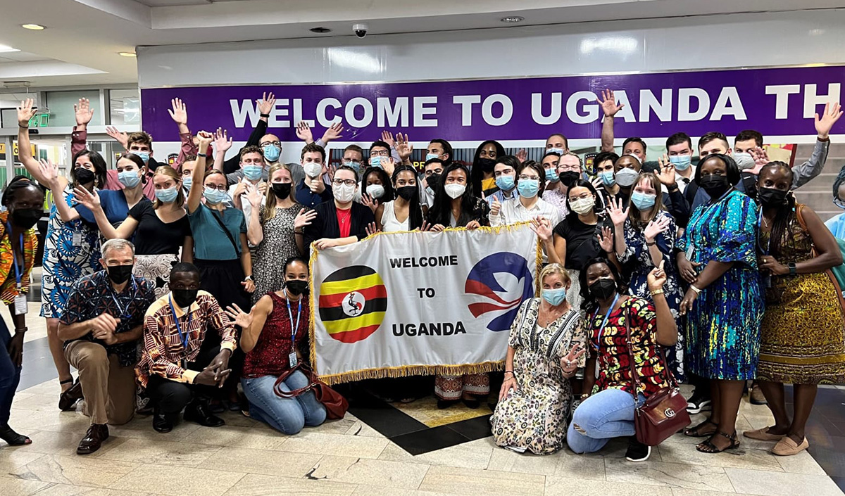 Peace Corps members gather together prior to deployment in Uganda.