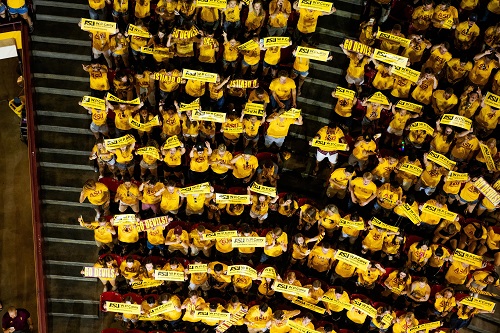 Overhead view of ASU students in gold at Sun Devil Welcome 2019