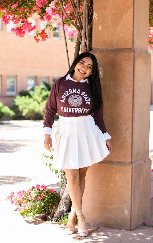 ASU Grad Cassandra Ortiz poses at her favorite spot on the Tempe campus.