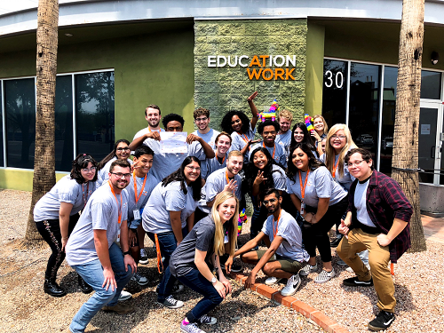 ASU student workers in front of the Education at Work building in Tempe
