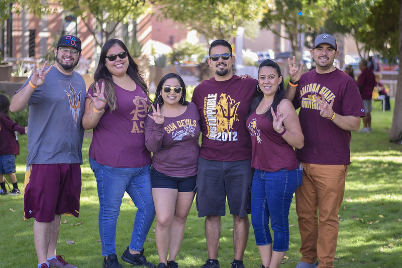ASU Greek alumni Homecoming tailgate 019 participants give the forks up symbol