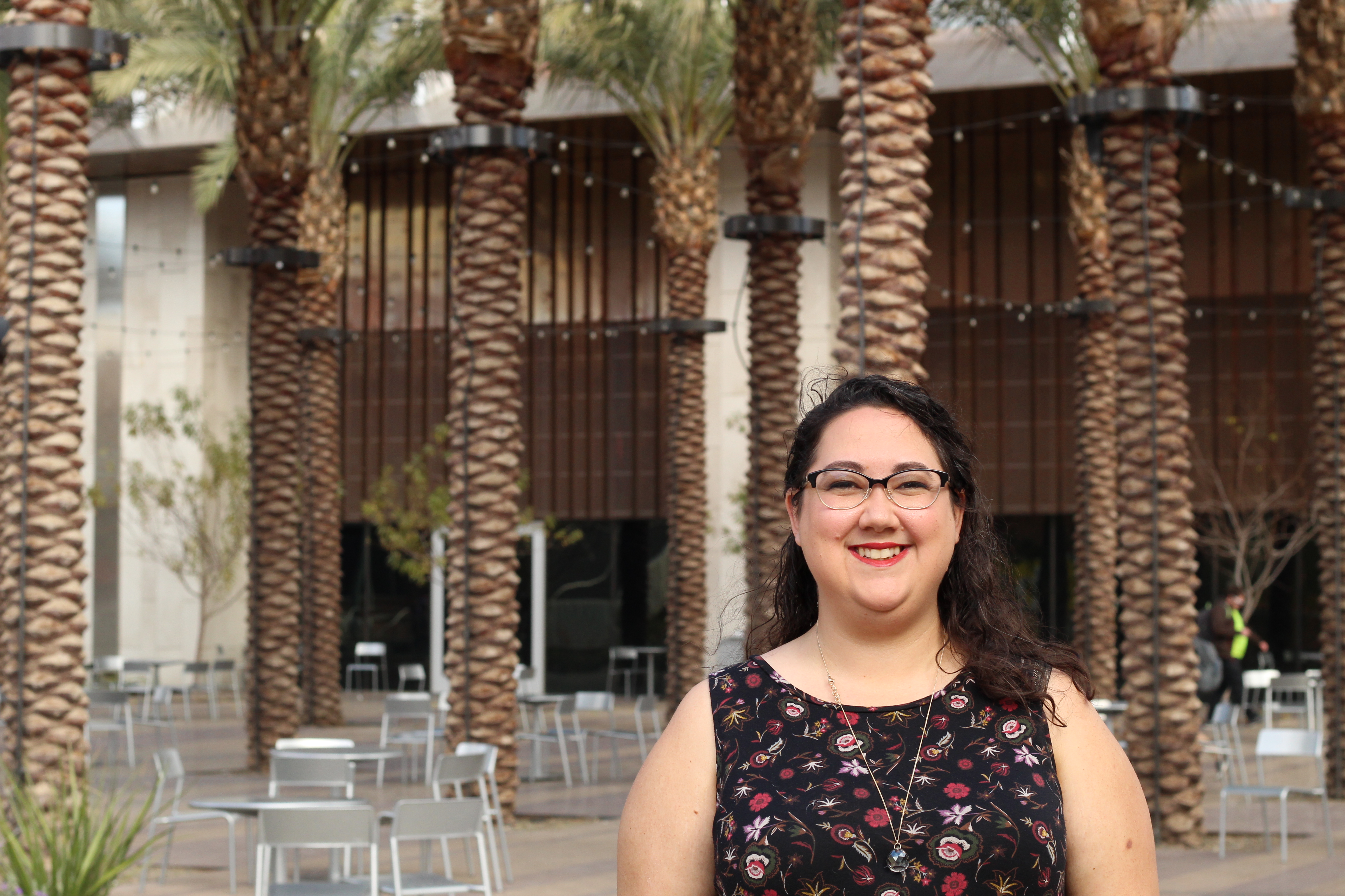 Jaime Ingrisano in front of the Student Pavilion at ASU's Tempe campus