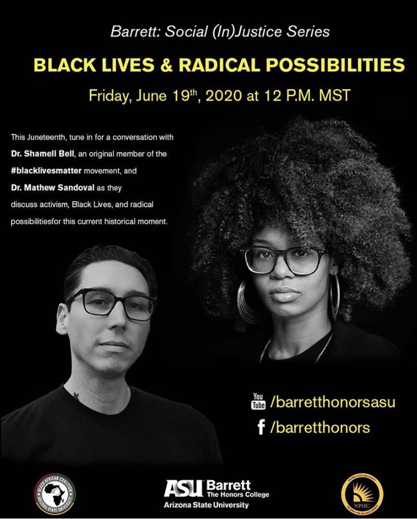 Juneteenth Q&A flyer for a livestream on the Barrett YouTube channel with Matthew Sandoval and Shamell Bell